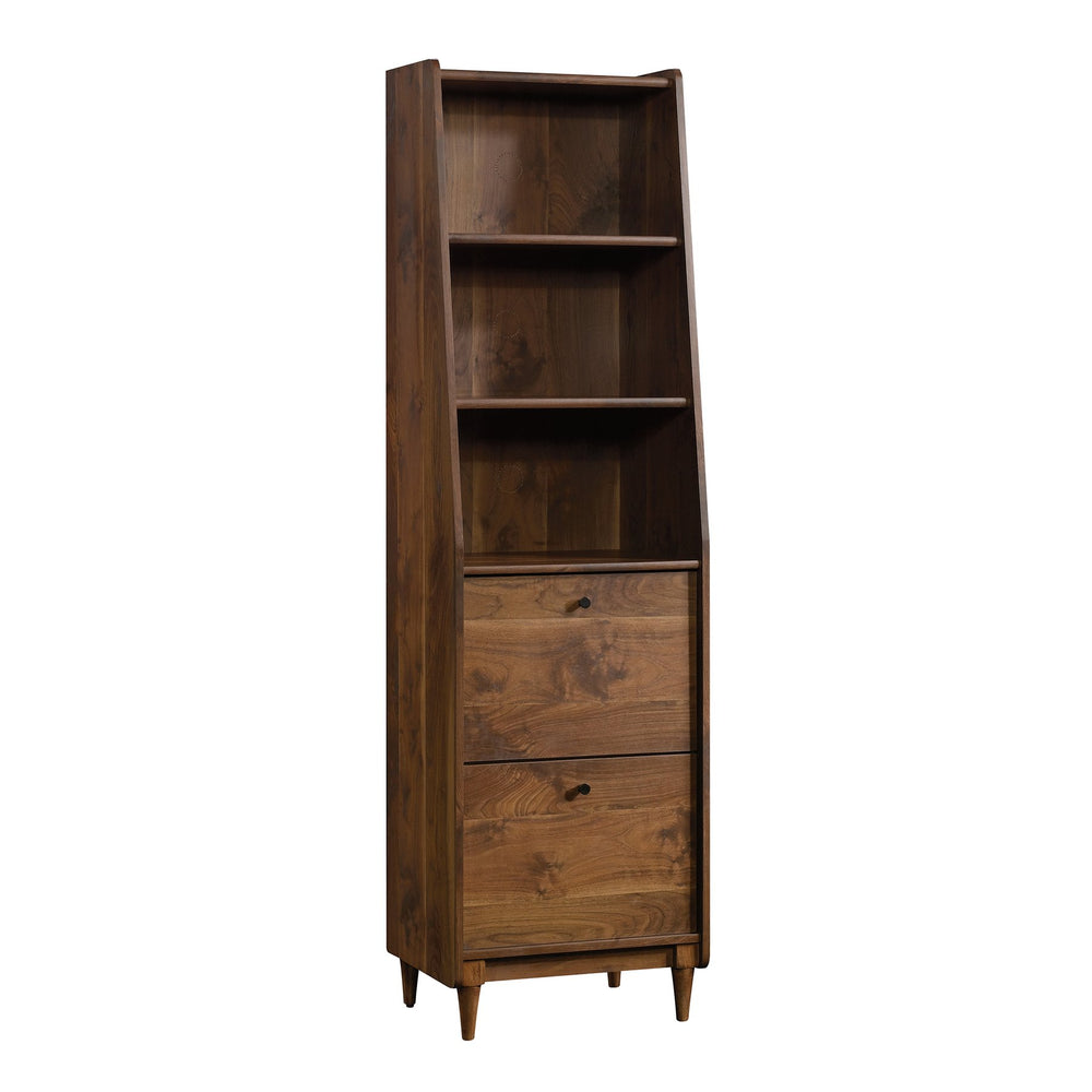English Elm Narrow Mid-Century Bookcase in Brown – Tall Engineered Wood Shelf with Two Full-Extension File Drawers, Space-Saving 70.4" Height for Home Office and Living Room B356P402740