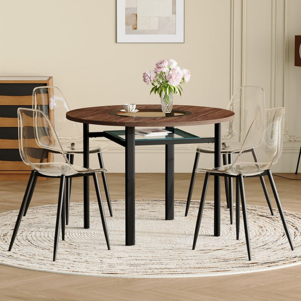 English Elm Table Set 42 Inch Round Wood Grain Top with Clear Acrylic Chairs for Modern Dining W1151S04489