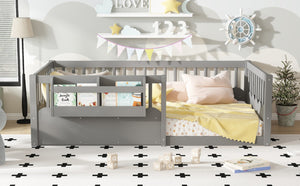 English Elm Twin Low Profile Kids Floor Bed Pine Wood Frame with Safety Rail and Built in Bookshelf Gray W1580P373135