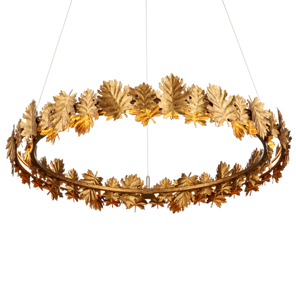 English Oak Chandelier - Nature-Inspired Gold Leaf Design with Adjustable LED Lighting for Elegance
