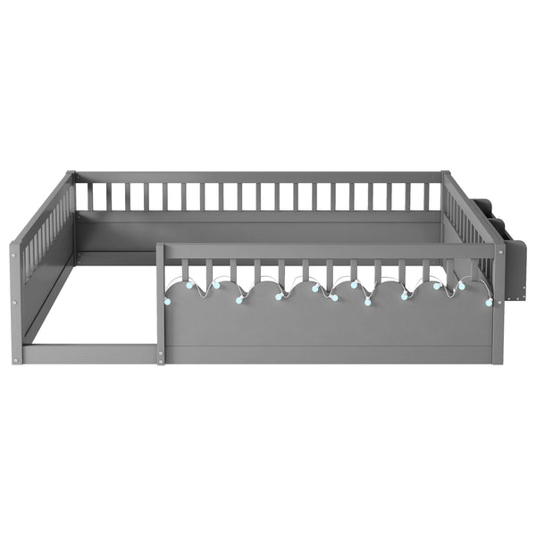 English Elm Full Montessori floor bed offering high rails, built-in light and shelf for safe independent sleep and storage Grey 79.13 L x 13 W x 6.3 H W2593P333796