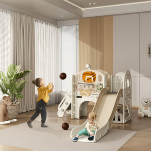 English Elm Qaba Toddler Indoor Playset with Slide Climber Crawl Tunnel and Basketball Hoop W2225P229340