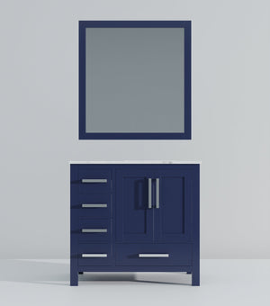 English Elm Navy Blue Bath Vanity With Right Offset Carrara Marble Top & Matching Mirror For Elegant Storage B2731S00692
