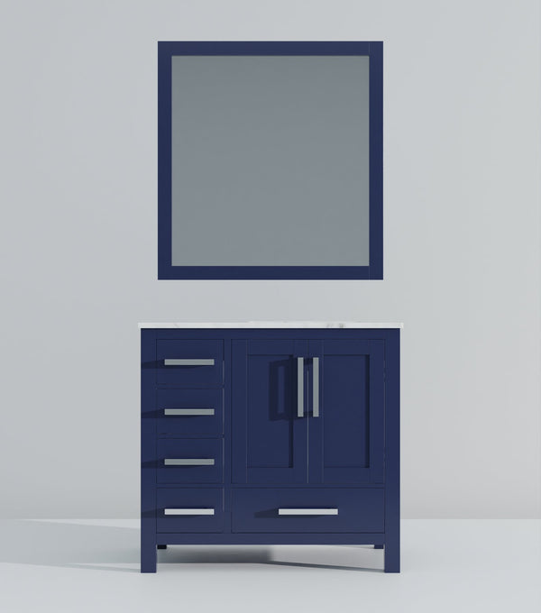 English Elm Navy Blue Bath Vanity With Right Offset Carrara Marble Top & Matching Mirror For Elegant Storage B2731S00692