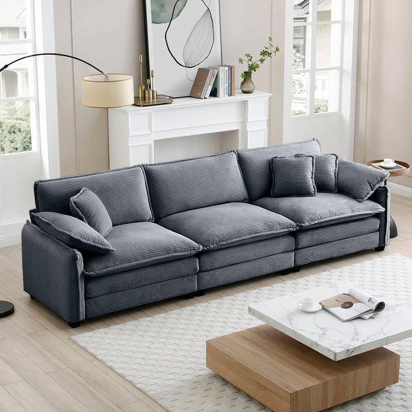 English Elm Mira Grey Corduroy 3-Seater Sofa — Retro-Modern Design, Memory Foam Cushions & Removable Arms W714S00755