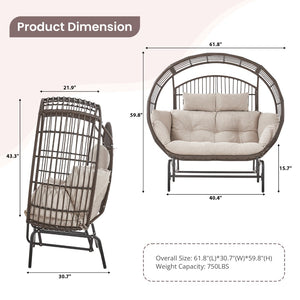English Elm Oversized Pe Wicker Egg Glider Chair Two Person Patio Loveseat with Thick Cushions T3773P501788