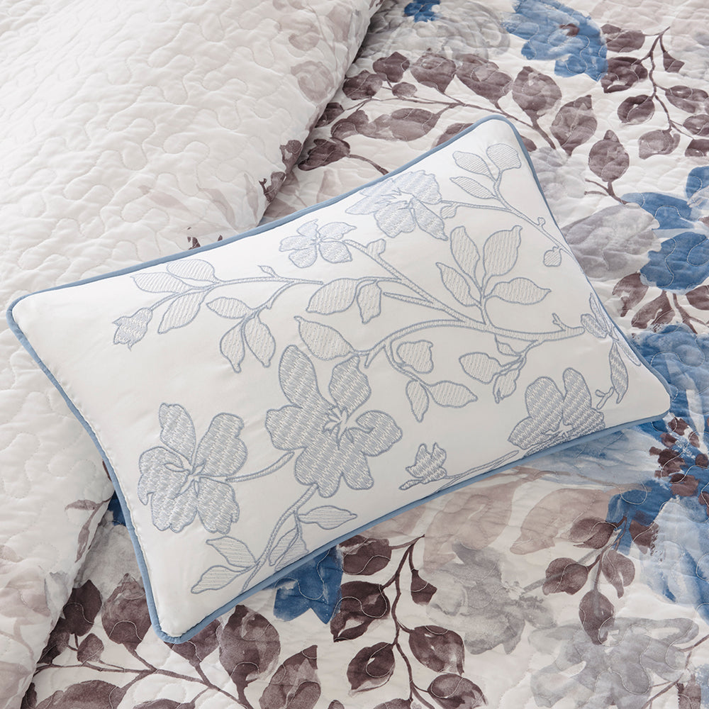JLA Home Madison Park - 6 Reversible Quilt Set with Watercolor Floral Motif, Ivory Panels and 3 Decorative Pillows for a Serene Bedroom Retreat Blue MP13-2120