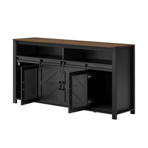 English Elm U_STYLE Farmhouse 59.3" Sideboard with Sliding Barn Doors, Mesh Panels, Open Shelves & Sturdy Top Black N711P347388B