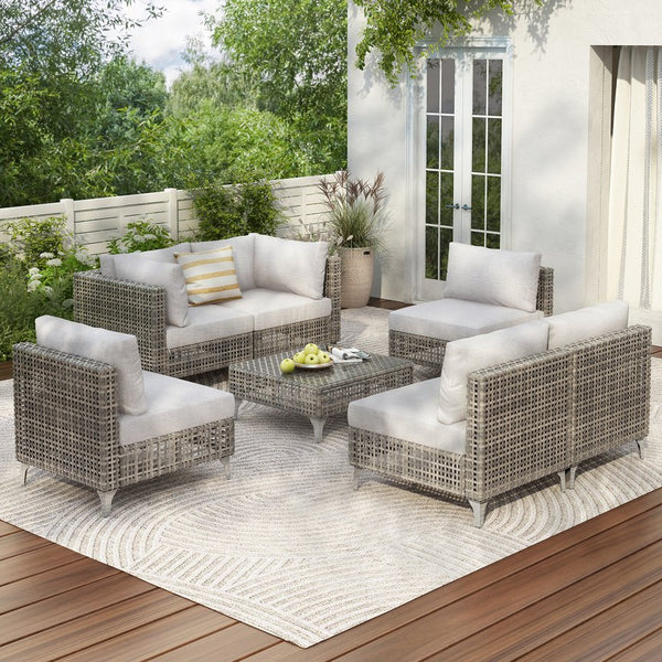 English Elm K&K 8-Piece Patio Conversation Set with 43" 60,000 BTU Propane Fire Pit, UV Wicker & Thick Cushions Grey N707S000012G