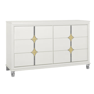 English Elm URIUNI Gold Chest with Acrylic Front Legs, Gold-Accented Spacious Drawers and Stainless Steel Backs Gold,White 66.14 L x 20.24 W x 39.13 H B201P299625