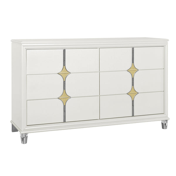 English Elm URIUNI Gold Chest with Acrylic Front Legs, Gold-Accented Spacious Drawers and Stainless Steel Backs Gold,White 66.14 L x 20.24 W x 39.13 H B201P299625
