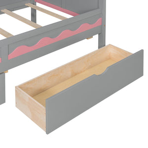 English Elm Twin Over Kids Bunk Bed with Castle Roofline Led Lights and Staircase Storage Gray N820S00068E