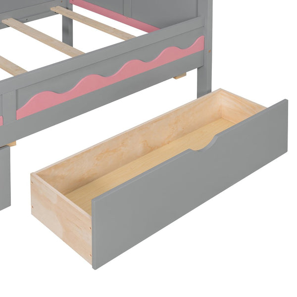 English Elm Twin Over Kids Bunk Bed with Castle Roofline Led Lights and Staircase Storage Gray N820S00068E