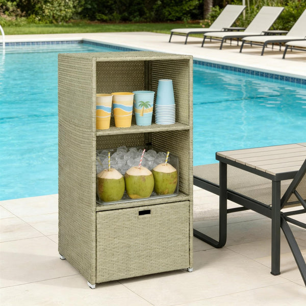 English Elm Outdoor Wicker Towel Rack Two Shelf Pe Rattan Poolside Storage for Patio or Bath Grayish T3971P486660
