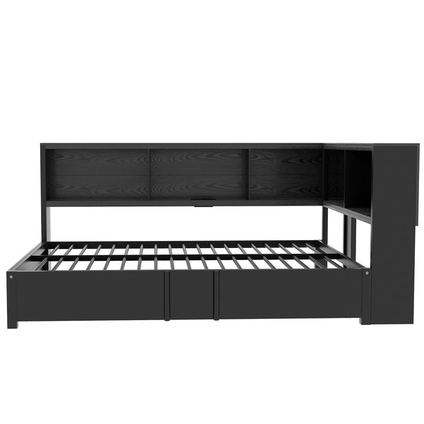 English Elm Metal Full Size Daybed with Trundle, Built-In Storage Cabinets & USB Ports for Small Rooms Black DL001523AAB