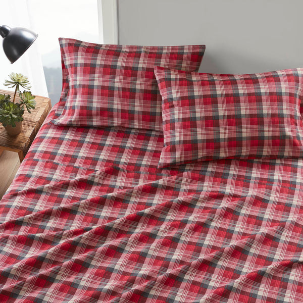 English Elm 3 Pcs Twin Sheet Set - Cozy Red Plaid Cotton Flannel For Warmth, Comfort, And Timeless Style B035P319781