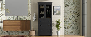 English Elm 70.1" Modern Tall Storage Cabinet with 3 Drawers, 2 Adjustable Shelves, Soft-Close Glass Doors, Gold Handles Black N729P271979B