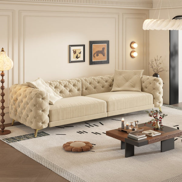 English Elm 97.6" Oversized Velvet Chesterfield Sleeper Sofa Floral Tufted Roll Arm Living Room Couch Apricot W1885S00201