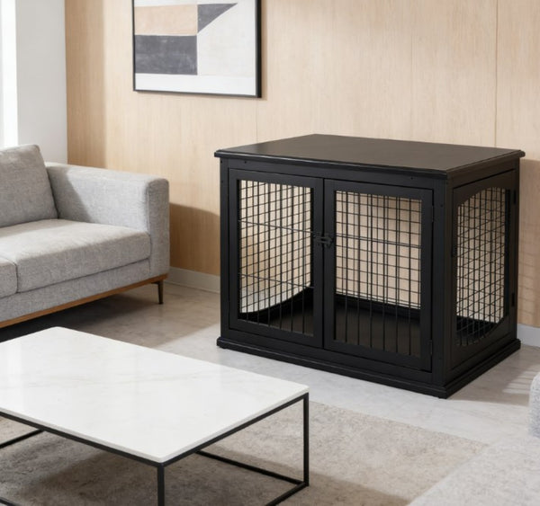 English Elm Small Dog Crate End Table with French Doors Arched Windows and Black Mdf Finish T3971P433245