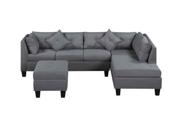 English Elm 104.5" Upholstered Sofa Chaise & Ottoman Gray - Coin-Spring Cushions, Storage Ottoman, Solid Wood Frame W2297S00018