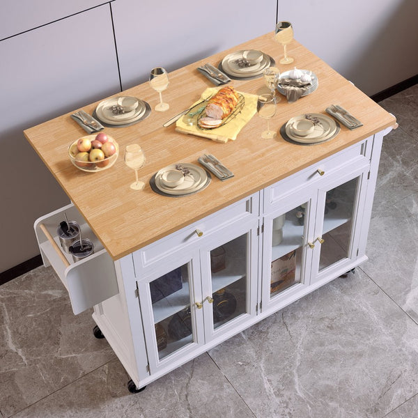 English Elm White Kitchen Island Cart with Wood Top, Drop-Leaf, Locking Wheels, 2 Drawers & Cabinet Storage W2565P359239