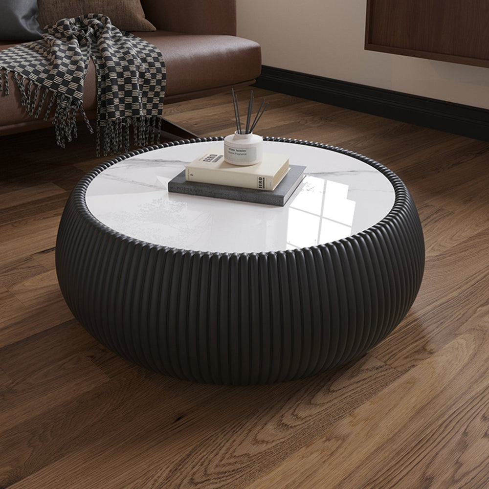 English Elm Light Marble Top Drum-Shaped Coffee Table With Black Leather Base – Modern Living Room Accent Piece W3081P367627