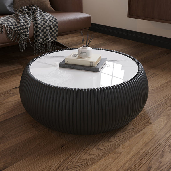 English Elm Light Marble Top Drum-Shaped Coffee Table With Black Leather Base – Modern Living Room Accent Piece W3081P367627