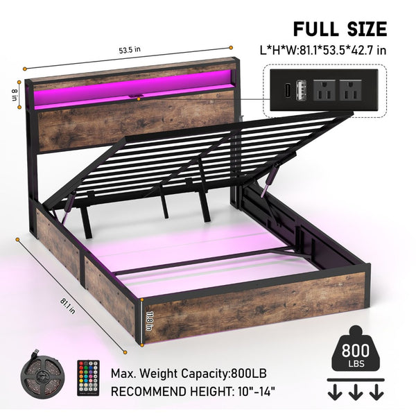 English Elm Full Size Industrial Metal Storage Bed with Hydraulic Lift Rgb Lighting and Usb Charging T3963P437369