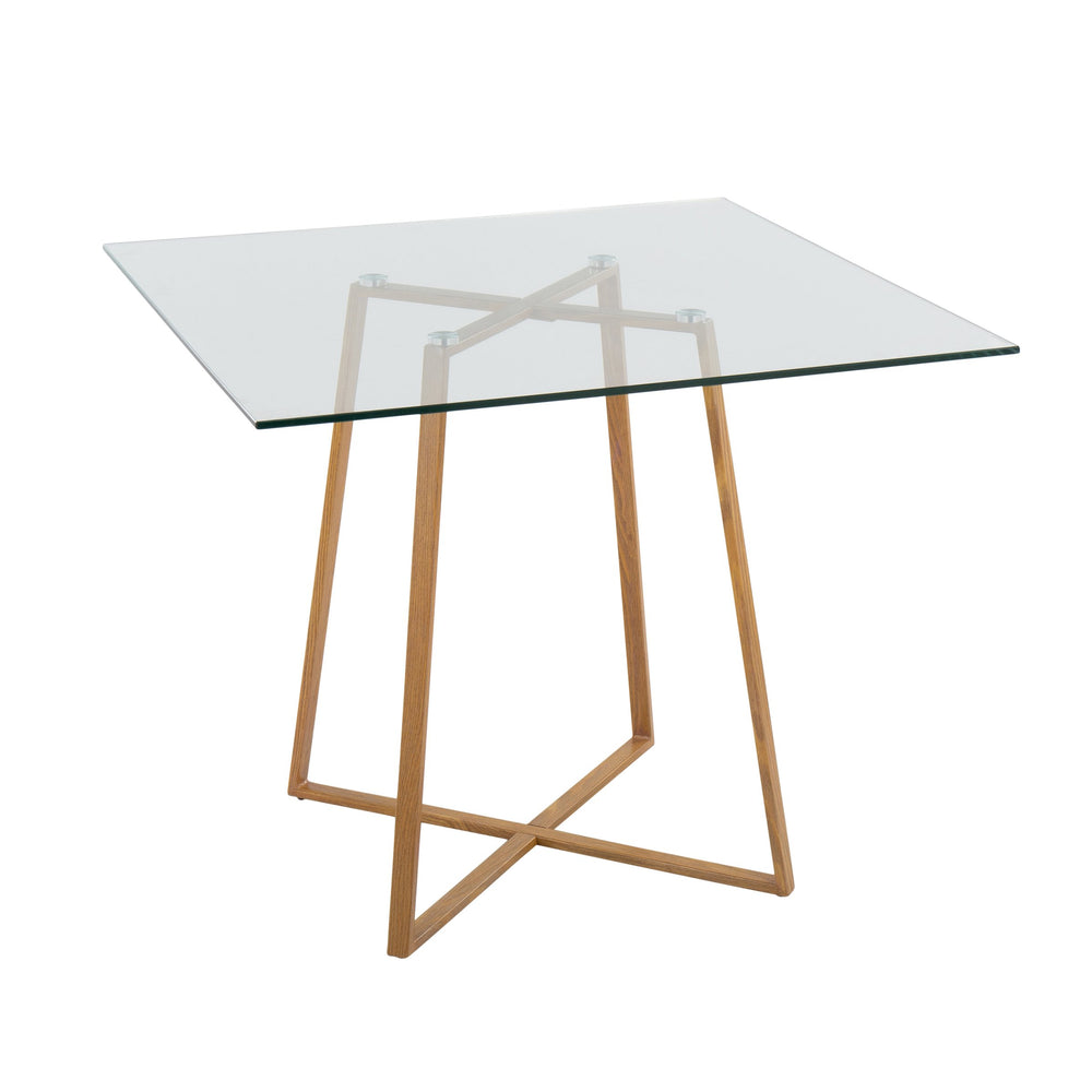 English Elm Cosmo Square Dining Table with Geometric Natural Metal Base and Clear Glass Top – Seats Four Stylishly B202S01115