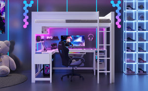 English Elm Wood Full Size Gaming Loft Bed With Desk, Led Lights, Storage Shelves & Charging Station - White N7090004022K-GIGA