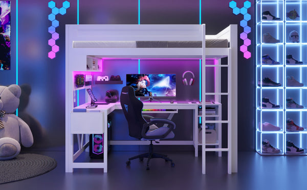 English Elm Wood Full Size Gaming Loft Bed With Desk, Led Lights, Storage Shelves & Charging Station - White N7090004022K-GIGA