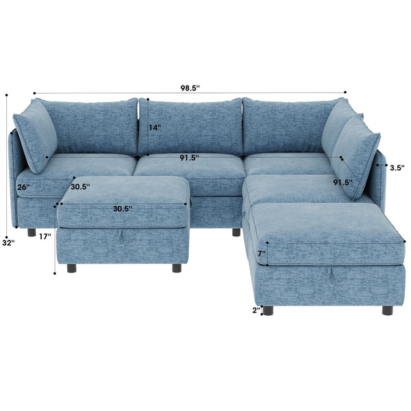 English Elm Modular Sectional Sofa with Under Seat Storage Converts to Sleeper for Living Room Antique Blue W680S00142