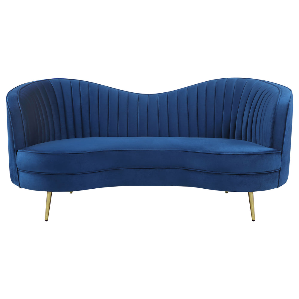 English Elm Marsden Blue Velvet Loveseat with Vertical Channel Tufting, Inverted Camelback Silhouette & Gold Legs B062P357778