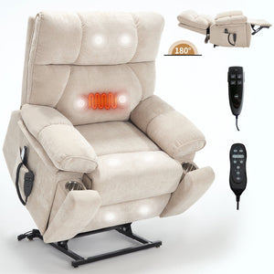 English Elm Beige Chenille Power Lift Recliner Dual Motor Massage Heat 350 Lb Capacity Beige W1803P264021