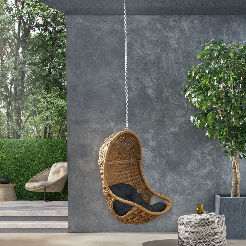 English Elm Christopher Knight Home® - Berkshire Cozy Hanging Chair With 8Ft Chain - Stylish Wicker Design, Plush Cushions & Versatile Use 70842.00BLK