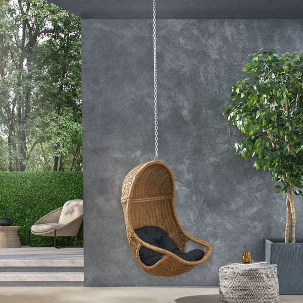 English Elm Christopher Knight Home® - Berkshire Cozy Hanging Chair With 8Ft Chain - Stylish Wicker Design, Plush Cushions & Versatile Use 70842.00BLK