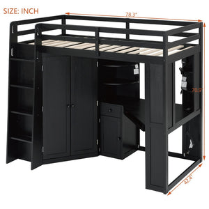 English Elm Twin Loft Bed with Wardrobe Desk Charging Station and Spotlights for Small Rooms Black LT000450AAB