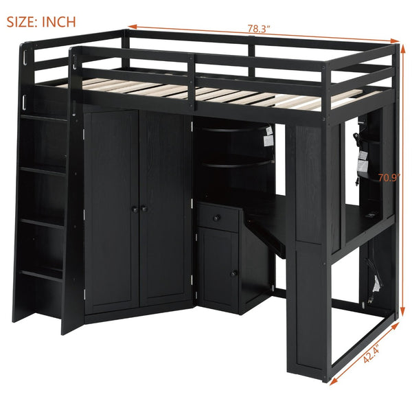 English Elm Twin Loft Bed with Wardrobe Desk Charging Station and Spotlights for Small Rooms Black LT000450AAB