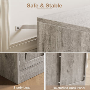 English Elm Buffet Sideboard 55 Inch Farmhouse Credenza with Barn Doors Drawer and Open Shelving Gray T5618P451111