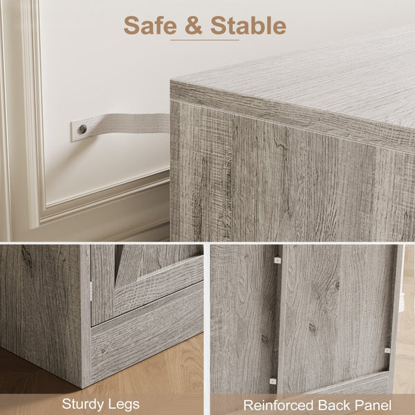 English Elm Buffet Sideboard 55 Inch Farmhouse Credenza with Barn Doors Drawer and Open Shelving Gray T5618P451111