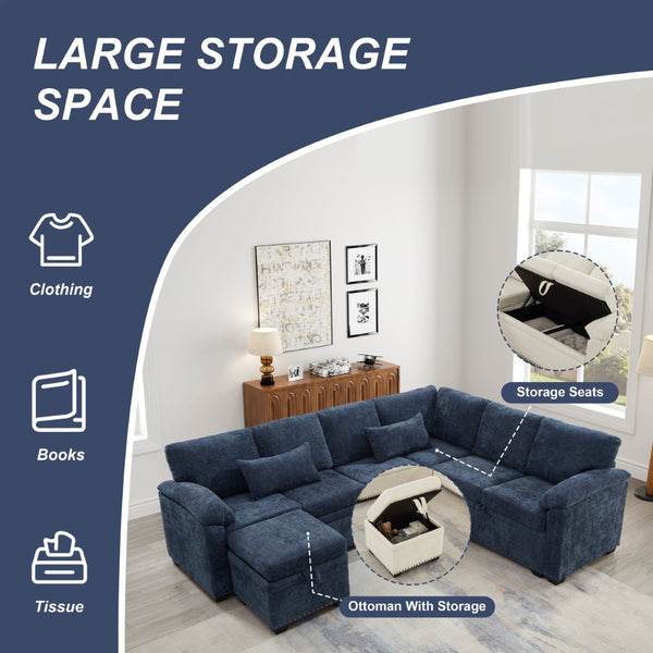 English Elm 97 Inch L-shaped Chenille Sectional Sofa with Sleeper Storage Ottoman 7 Seats Dark Blue W1669S00019