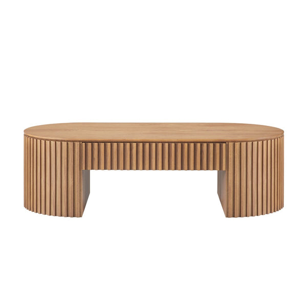English Elm 51.18'' Oval Mdf Coffee Table with Hidden Drawer Mid-century Pedestal Base Oak W876P370282