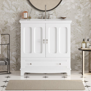 English Elm 30" Modern Bathroom Vanity with Ceramic Sink, Solid Wood Frame, Soft-Close Drawer & Adjustable Shelf White N710P293306K