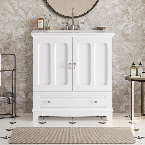 English Elm 30" Modern Bathroom Vanity with Ceramic Sink, Solid Wood Frame, Soft-Close Drawer & Adjustable Shelf White N710P293306K