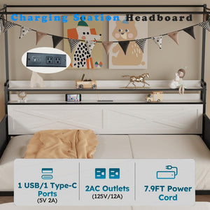 English Elm Twin Metal Daybed with Pull Out Trundle Guardrails Led Lights and Built in Charging W5026P404188
