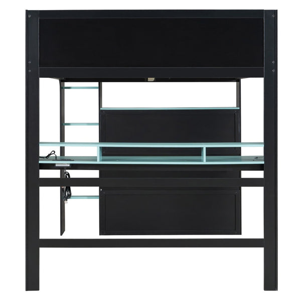 English Elm Full Size Gaming Bunk Bed with Rgb Lighting Integrated Desk Wardrobe and Storage Blue LT100266AAC