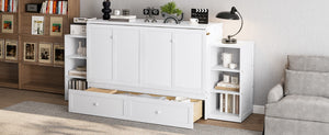 English Elm Queen Murphy Wall Bed with Open Shelves and Drawers for Guest or Office Rooms White W5316S00007