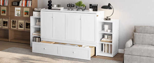 English Elm Queen Murphy Wall Bed with Open Shelves and Drawers for Guest or Office Rooms White W5316S00007