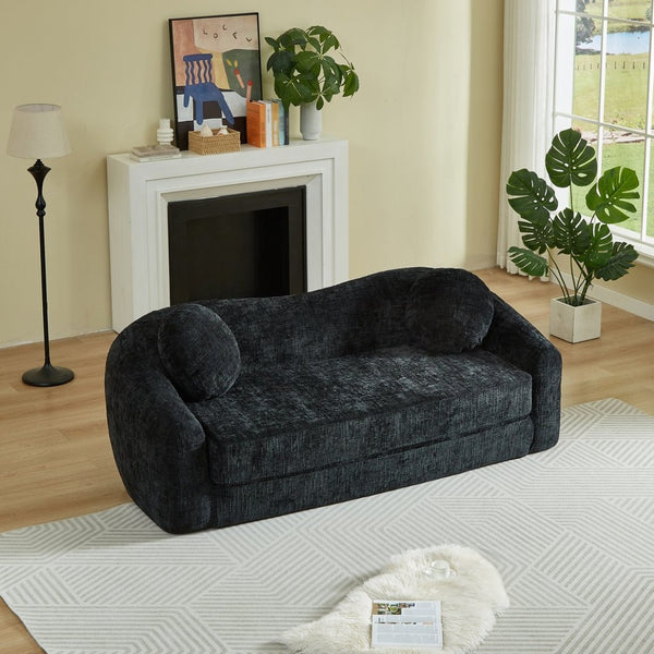 English Elm 86-inch Curved Chenille Convertible Sofa Recliner Frameless Folding Two-seater for Living Room Black W3505P452820