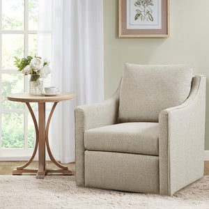English Elm Swivel Armchair by Martha Stewart Bedford Collection in Natural Polyester — Piped Arms, 360° Comfort, Durable Fabric, Removable Cushions, No Assembly Needed B035P148423